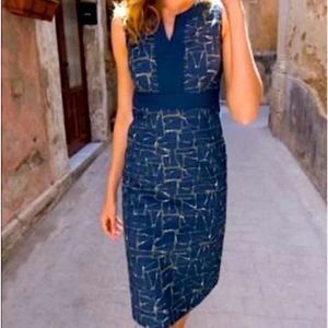 Boden Navy and Tan/Khaki Geometric Print Notched Neck Shift Dress - Size 8